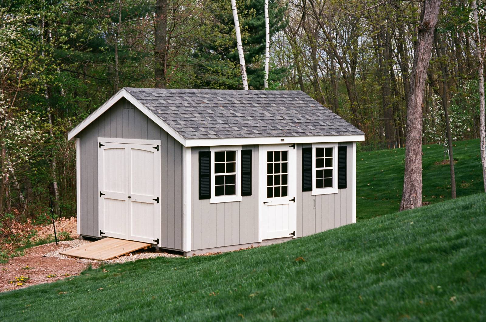 12' x 16' Classic Cape Storage Shed (Ellington CT) • 6' Double Door with Arched Trim • Duratemp T1-11 Siding (Color: Light Gray)
