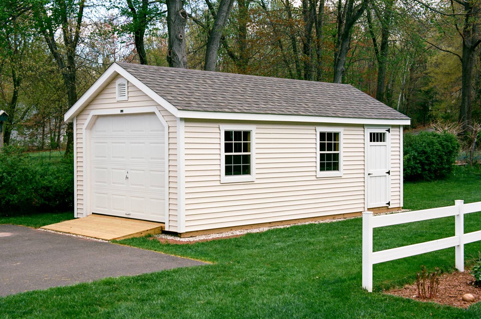 12' x 24' Classic Cape Garage (Ellington CT) • Vinyl Siding (Color: Pearl) • 3' Single Door with Transom Window • 30x36 6/6 Windows