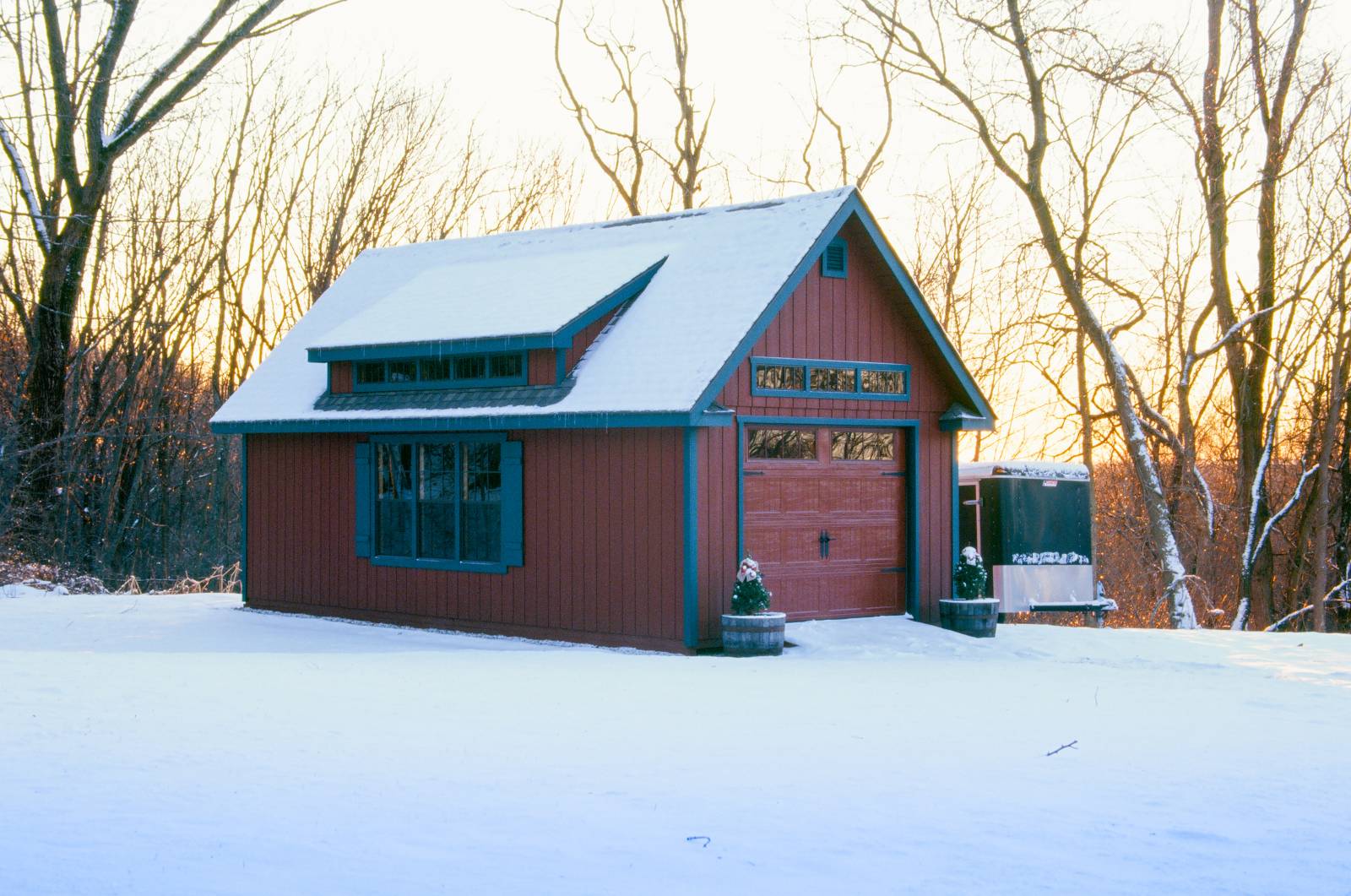 Snowy 14' x 28' Grand Victorian Cape Garage at Sunset (Vernon CT)