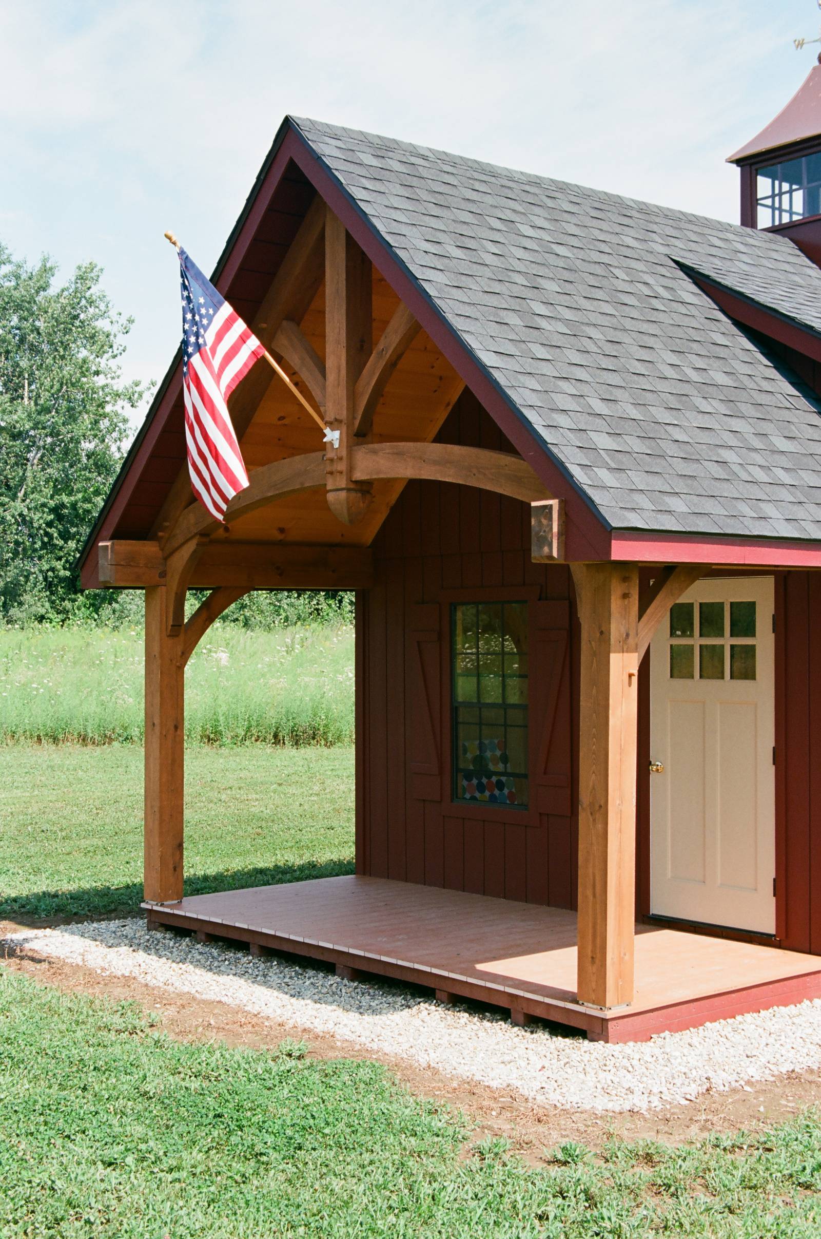 6' Timber Frame Porch • 14' Timber Truss with Arched Bottom Chord • Two Posts • Composite Decking