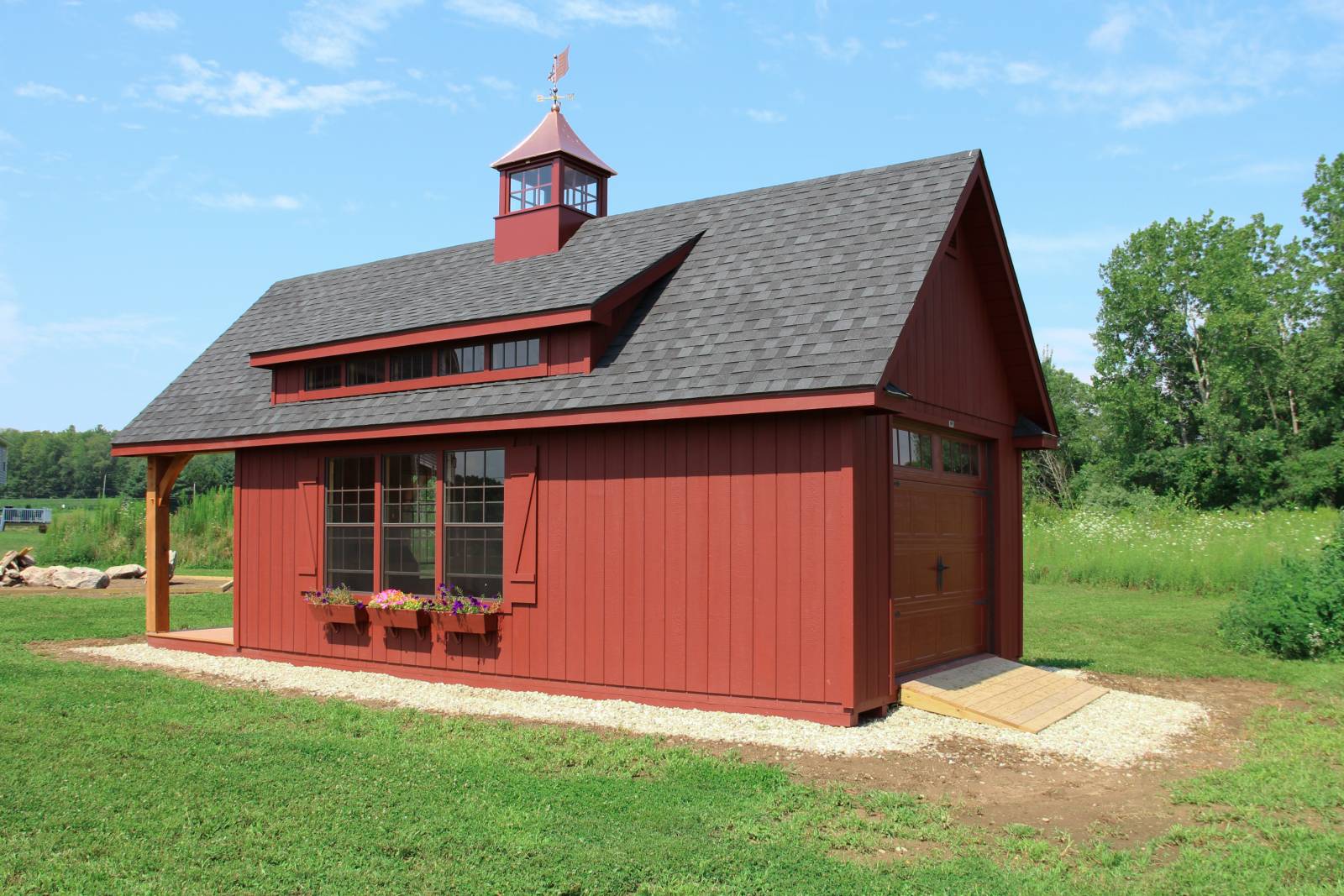 9' x 7' Carriage-Style Overhead Door with Square Glass • 5 Window Transom Dormer • Three 30x54 4/4 Windows Banked Together with Z-Style Shutters