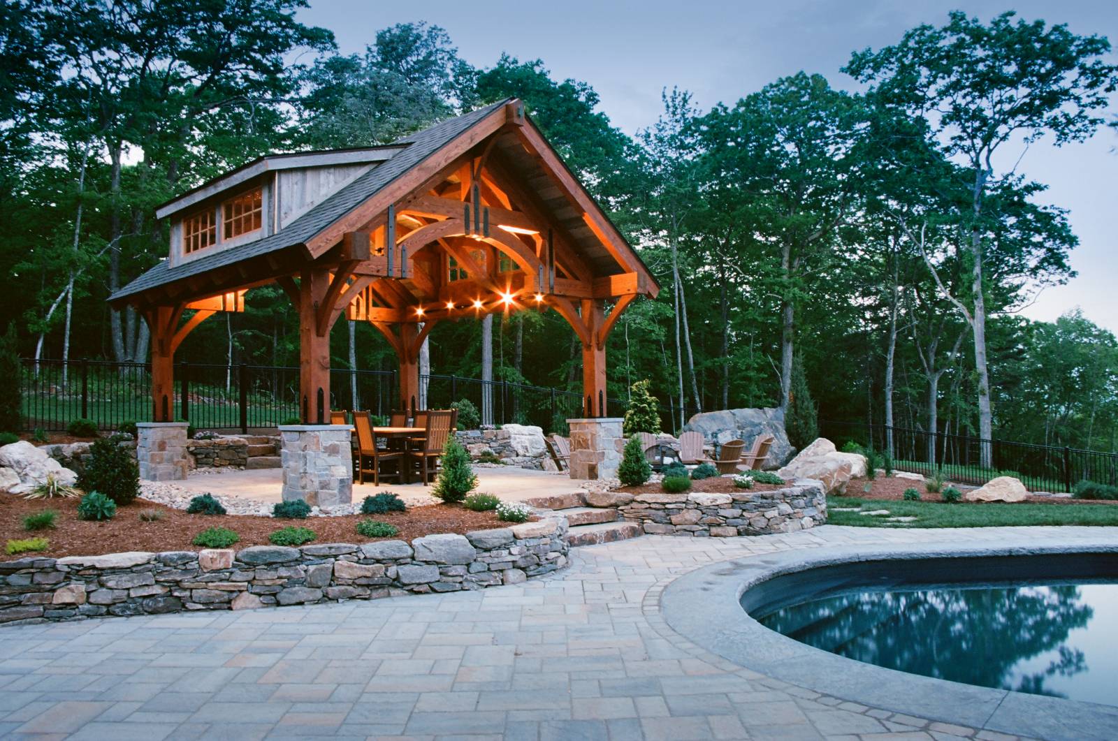 Alpine Timber Frame Pavilion in the Evening
