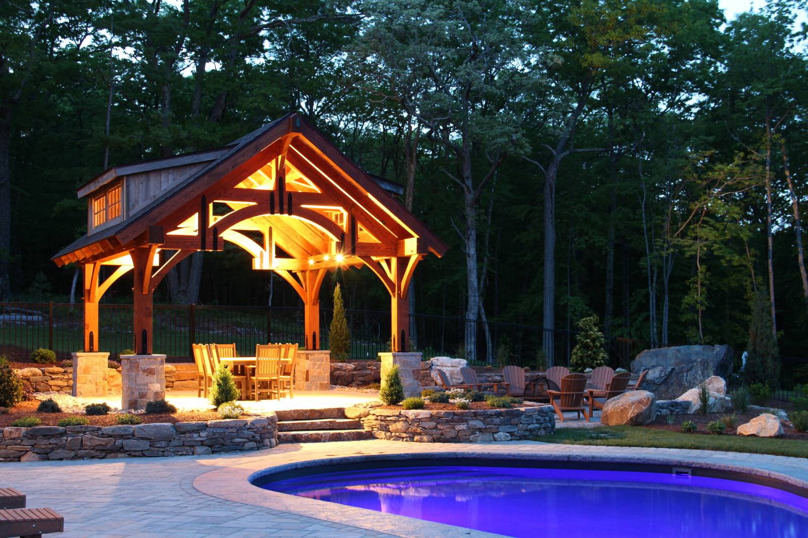 Timber Frame Pavilion with Lights Underneath