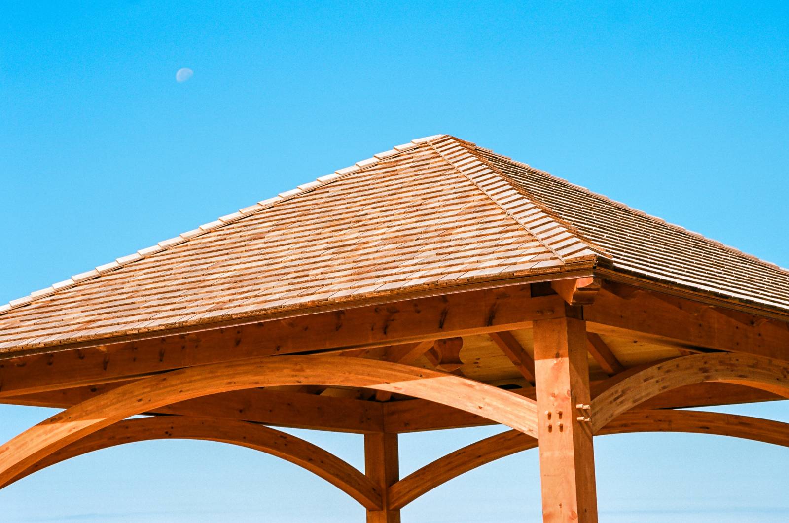 Cedar Shake Roof on Timber Frame Pavilion (notice the moon?)