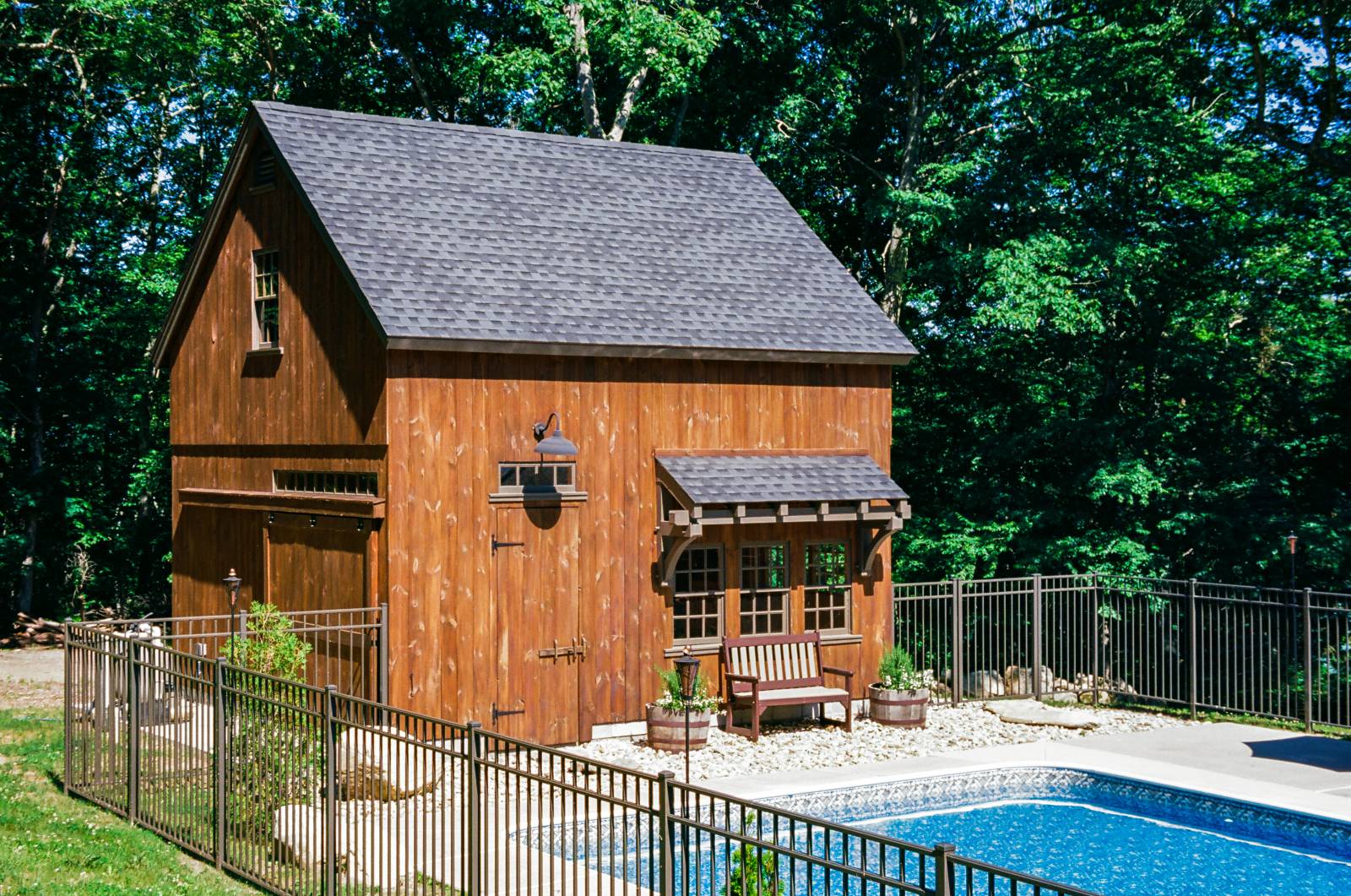 Exterior of the post & beam barn/pool house/saloon