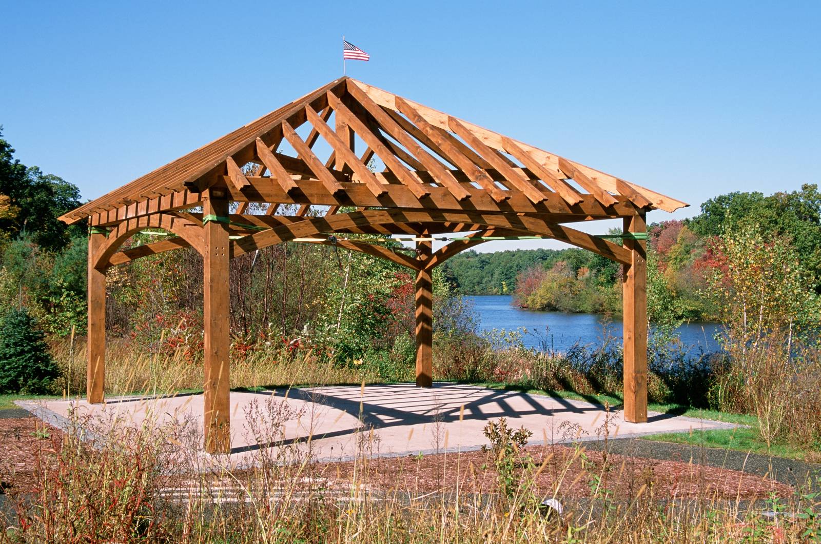 Just the timber frame of the pavilion. Roof decking & standing seam metal roof are next.