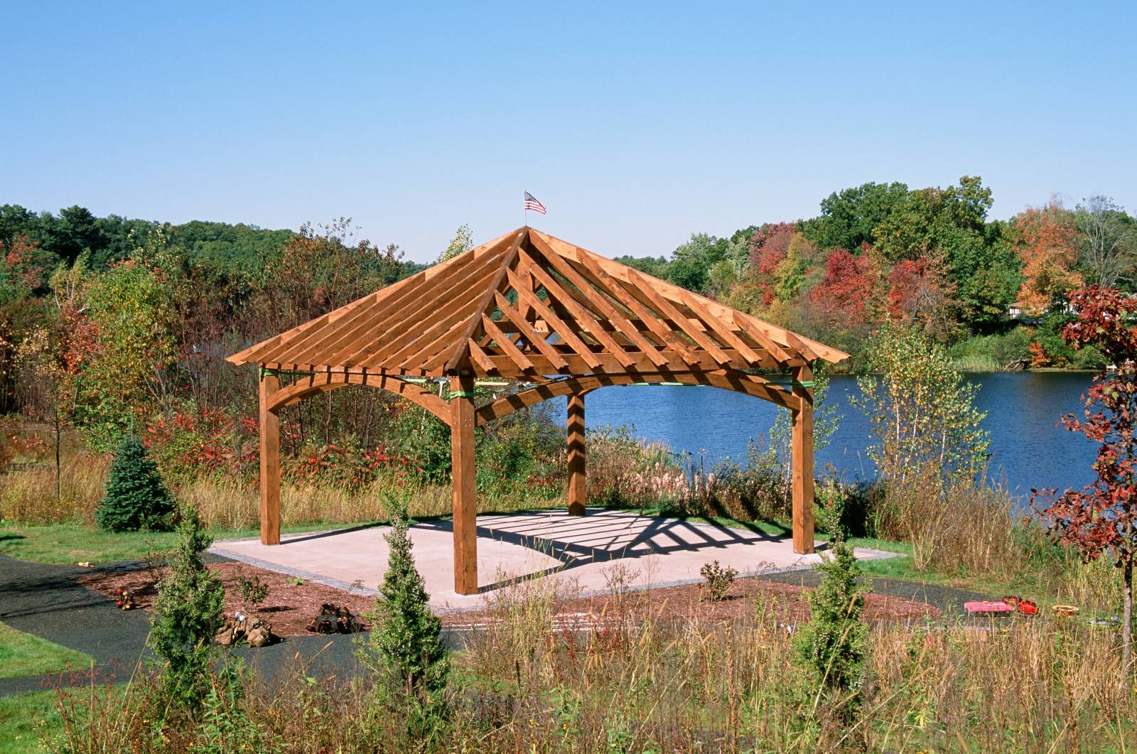 The pavilion's finished timber frame ready for roof decking & standing seam metal roof