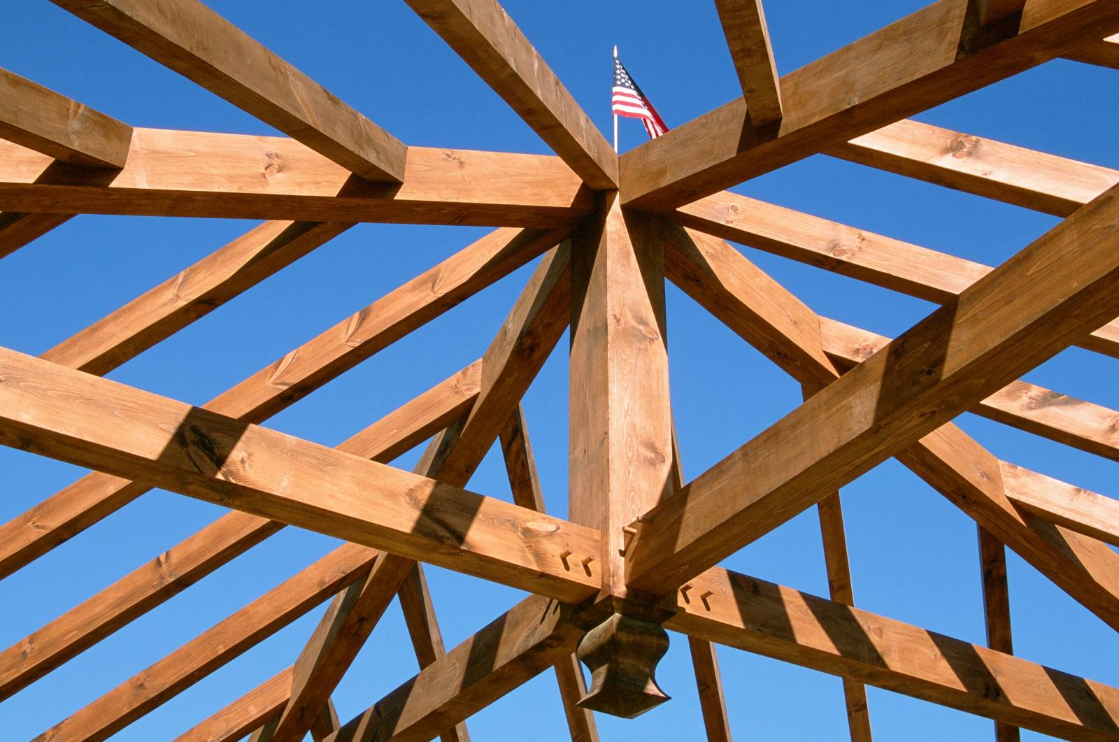 Looking up inside the timber frame pavilion before roof decking was added