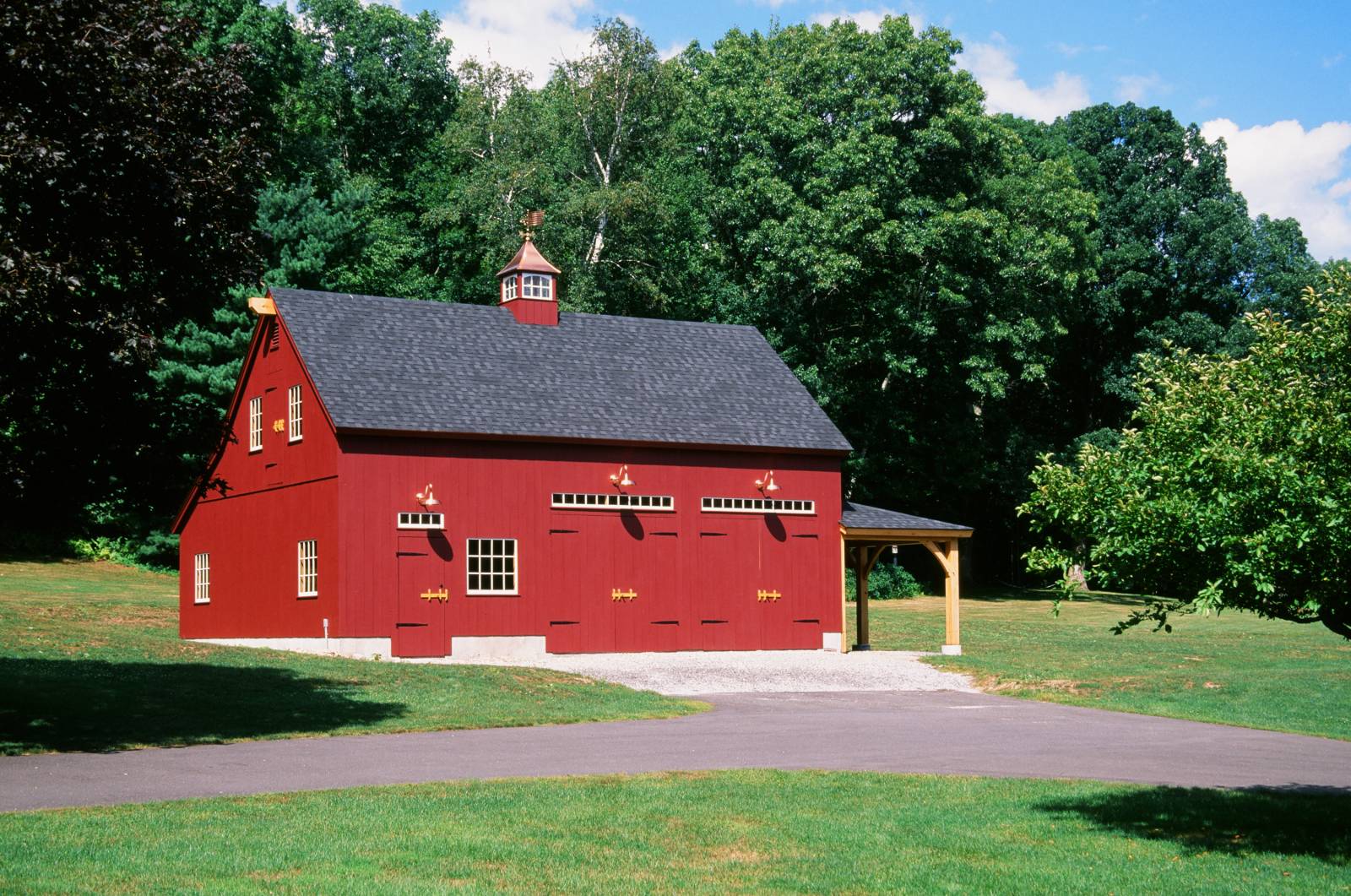 Completed 22' x 36' Carriage Barn Kit with 10' Lean-To and 10' Porch Overhang (Burlington CT)