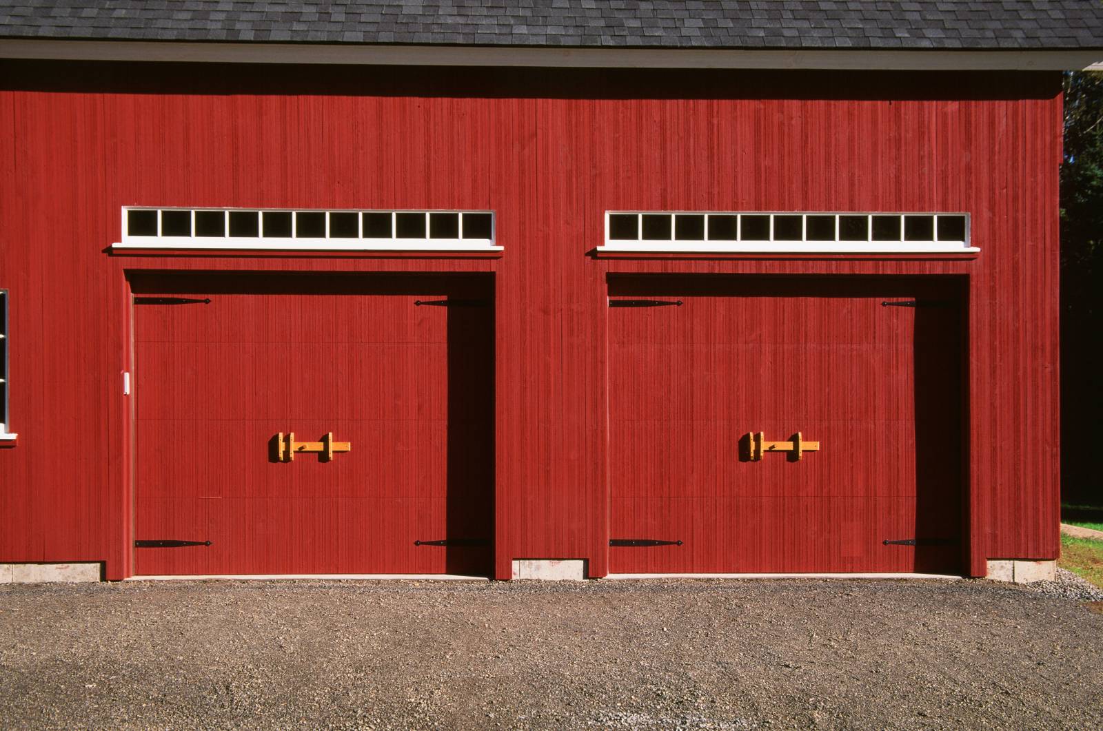 Pine Faced Overhead Doors with Transom Windows Above