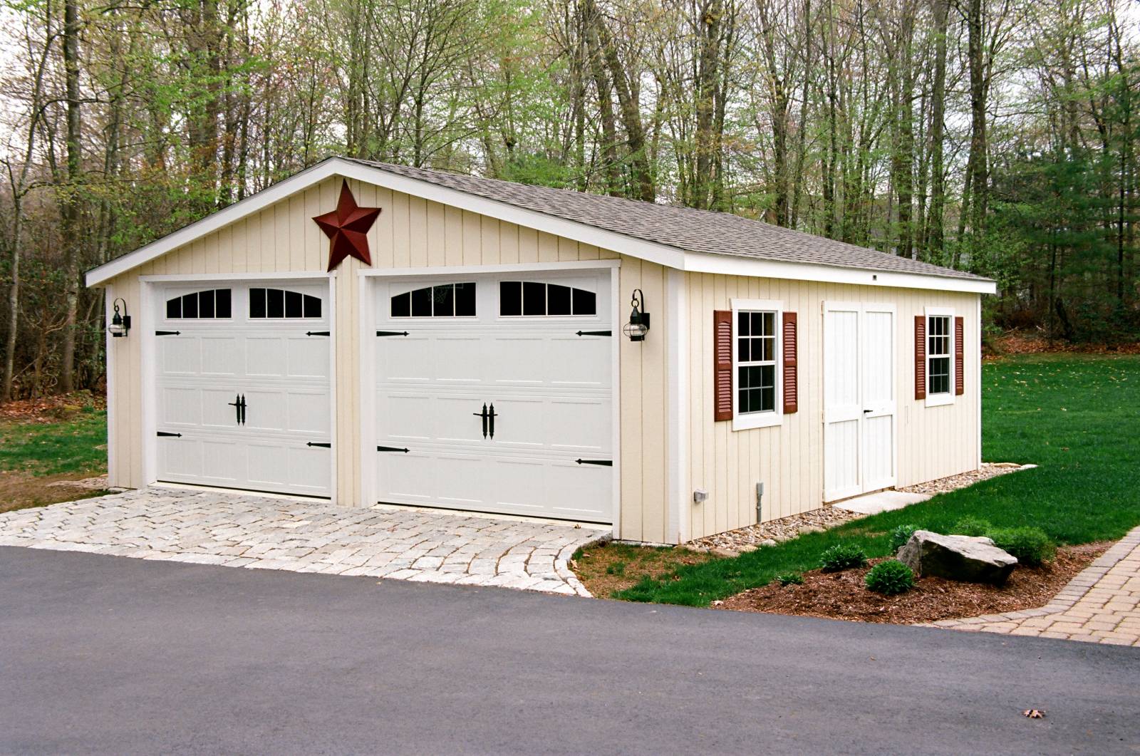 24' x 24' Classic Double Bay Garage (Tolland CT) • Navajo Duratemp Siding • White MiraTEC Trim • 30x36 6/6 Windows with Barn Red Louvered Shutters