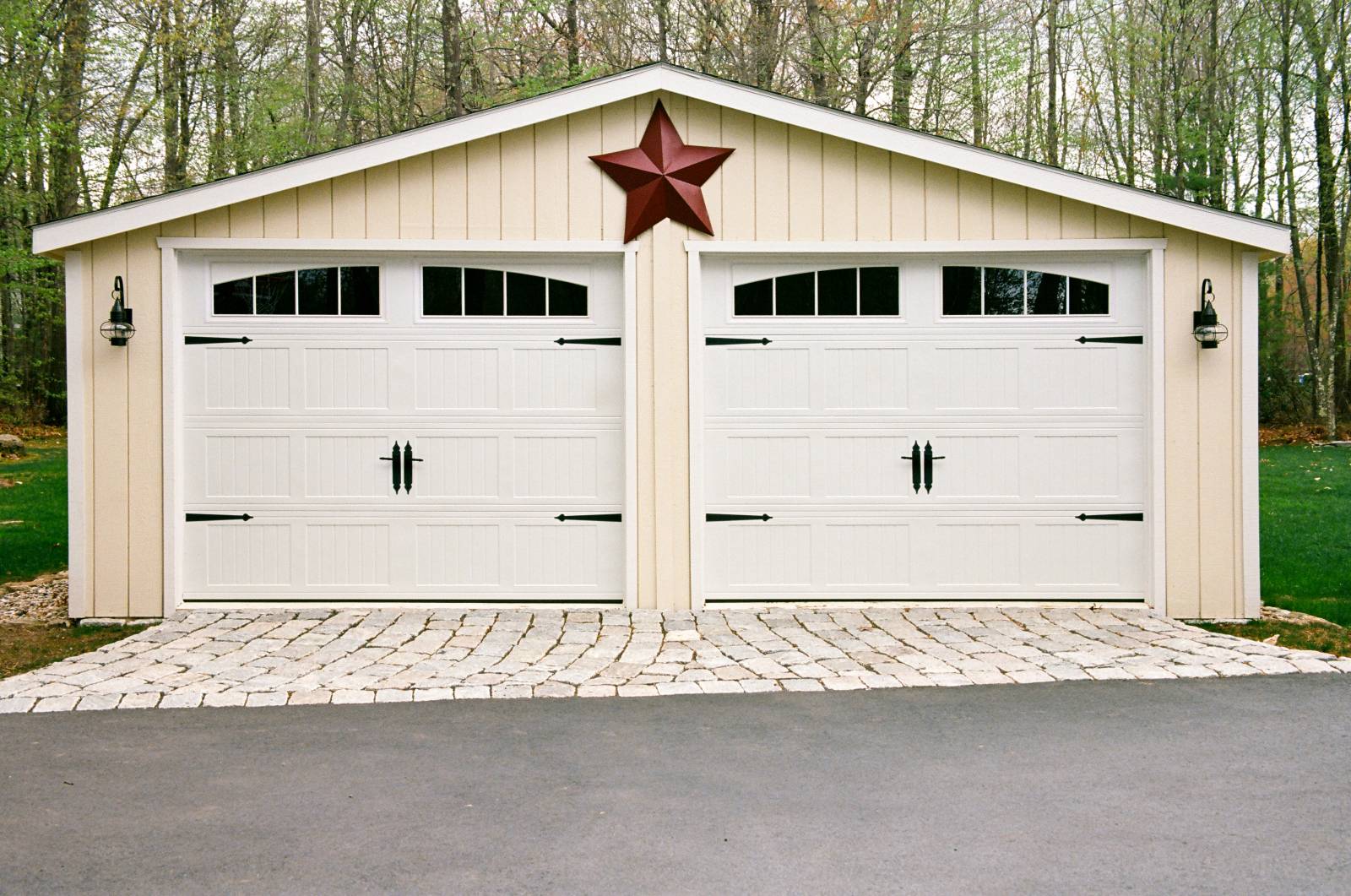 2 - 9' x 7' Carriage-Style Overhead Doors with Arched Glass