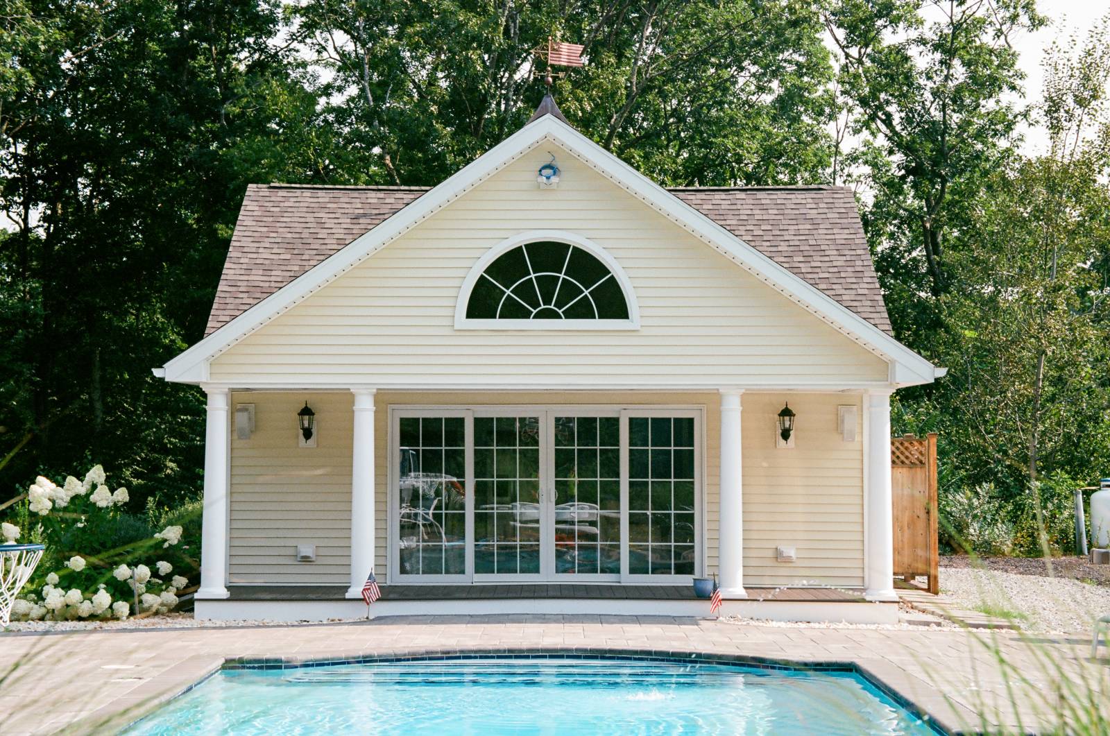 Reverse Gable Dormer with 6' Half Round Window & 4 Round Columns • Sliding Glass Doors
