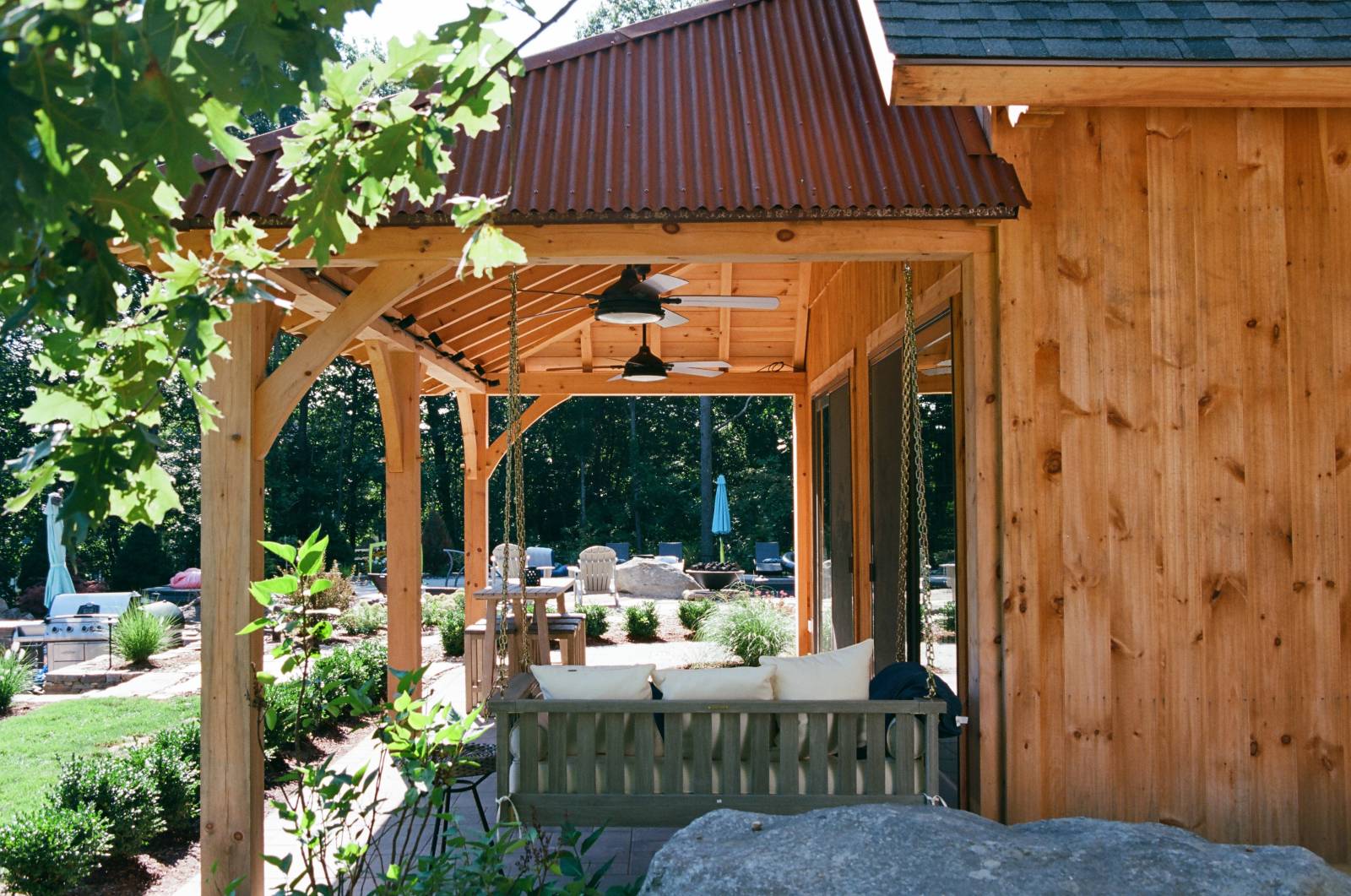 10' x 24' Timber Frame Open Lean-To Overhang with Rusty Metal Roof
