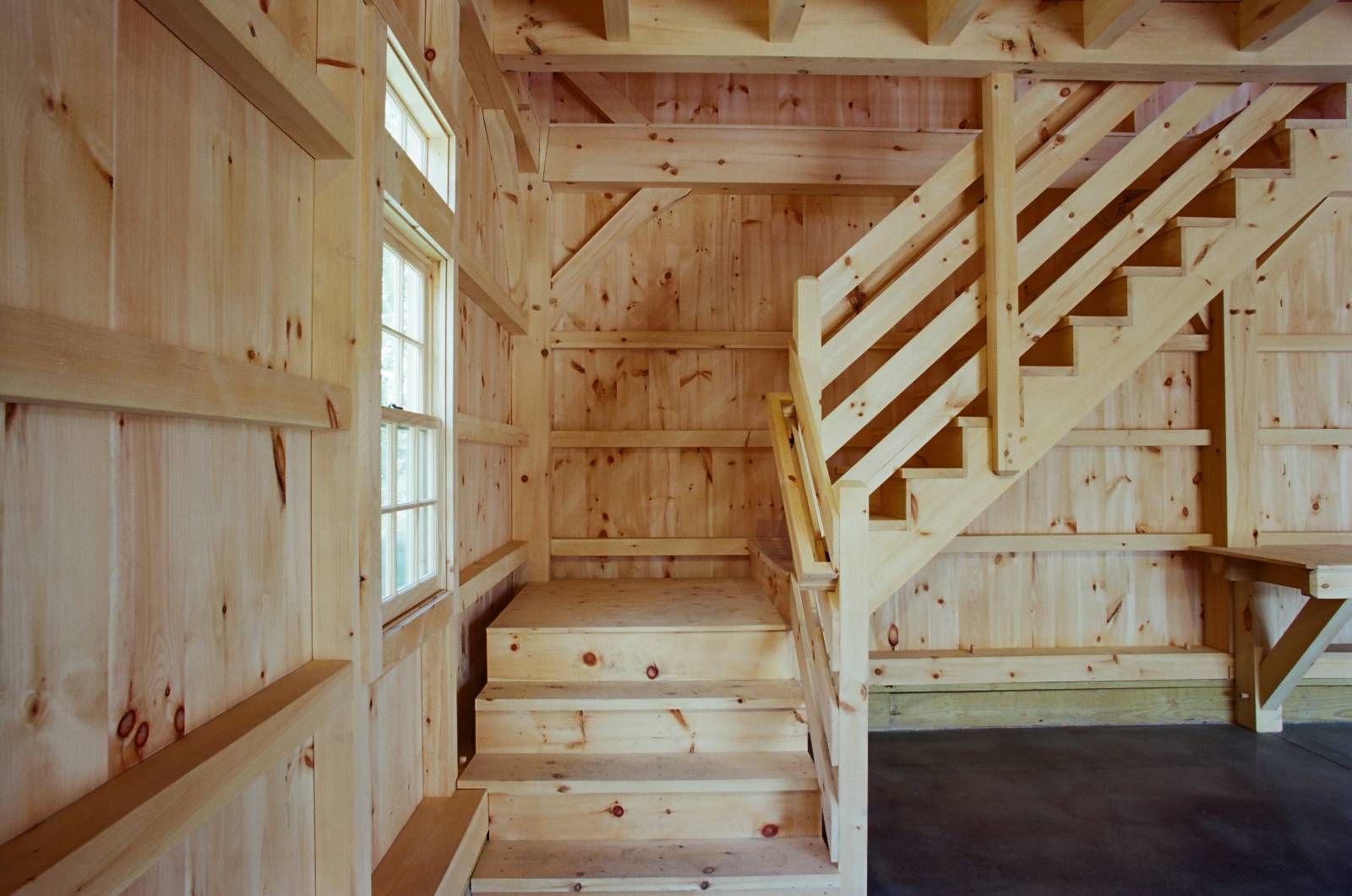 Heavy timber pine stairway to second floor