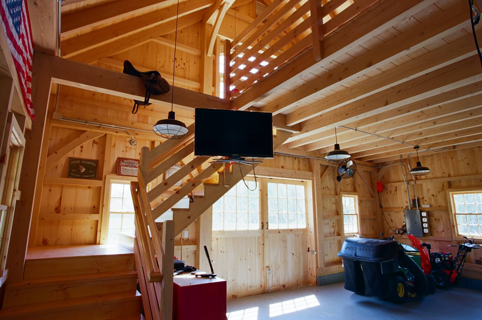 Heavy timber stairway to second floor