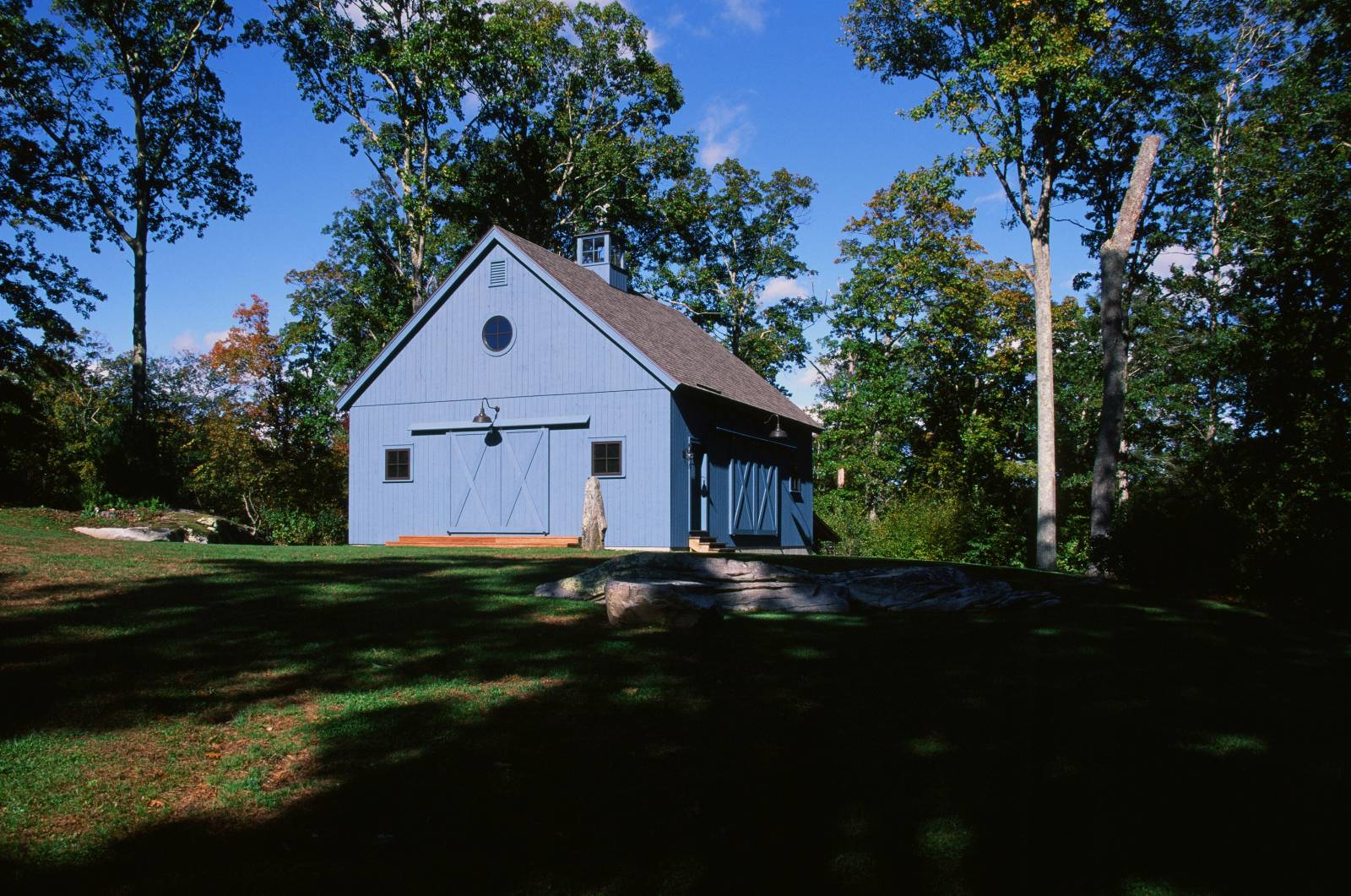 Post & Beam Barn Featuring Split Sliding Barn Doors • Square & Round Windows • Cedar Siding • Blue Paint • Cupola & Weathervane