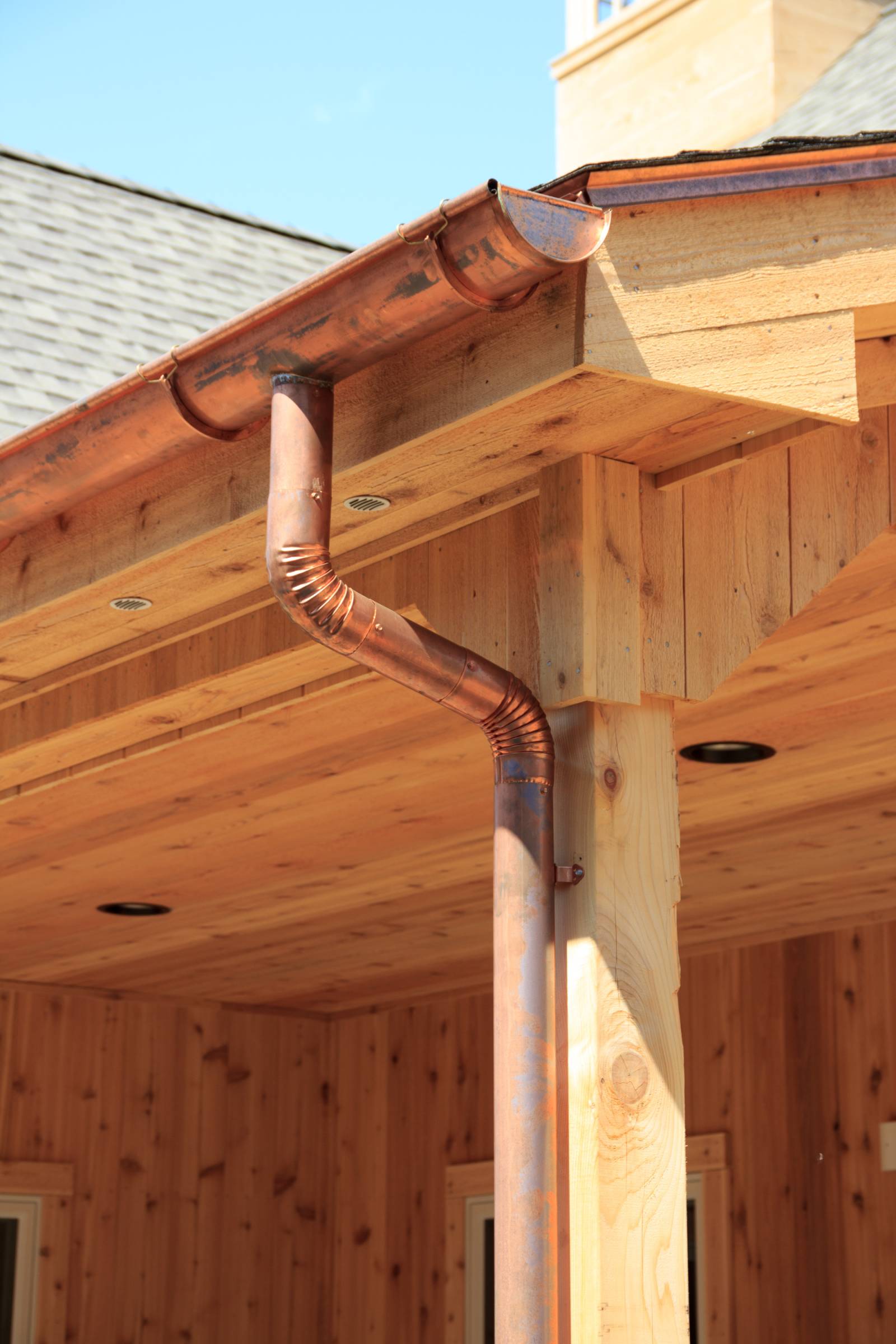 Copper Gutter & Downspout on Newport Custom Garage