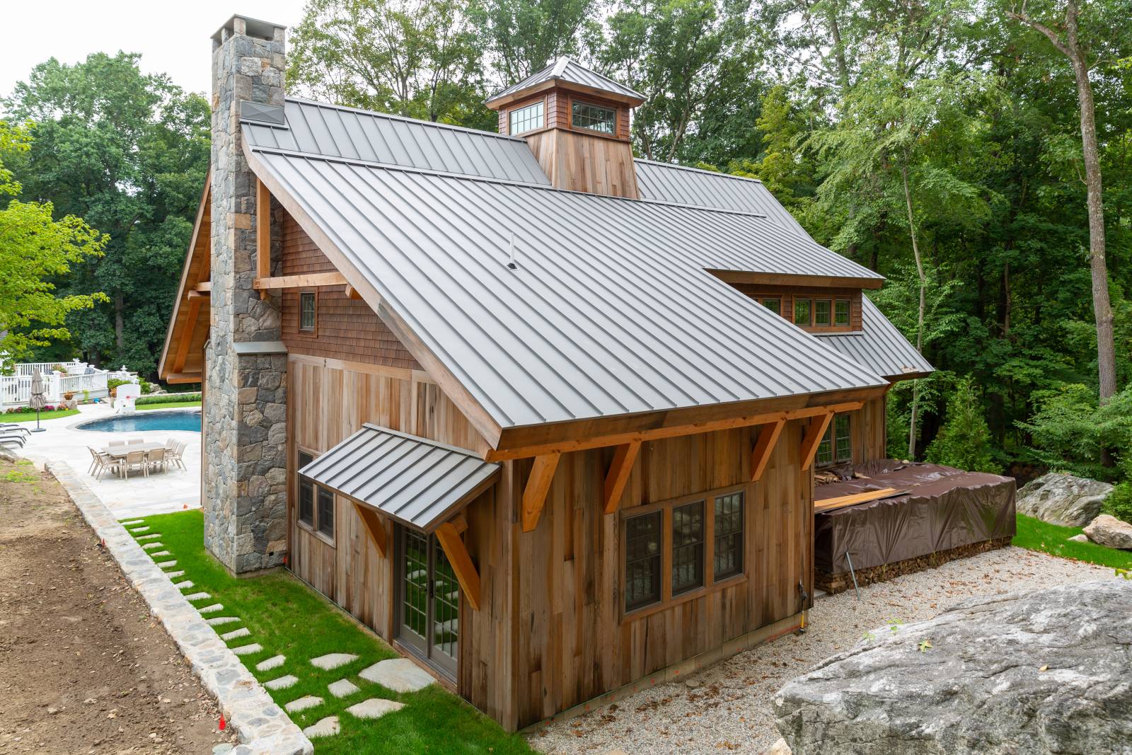 12' x 20' Enclosed Lean-to Roof Overhang • Standing Seam Metal Roofing • Timber Accents