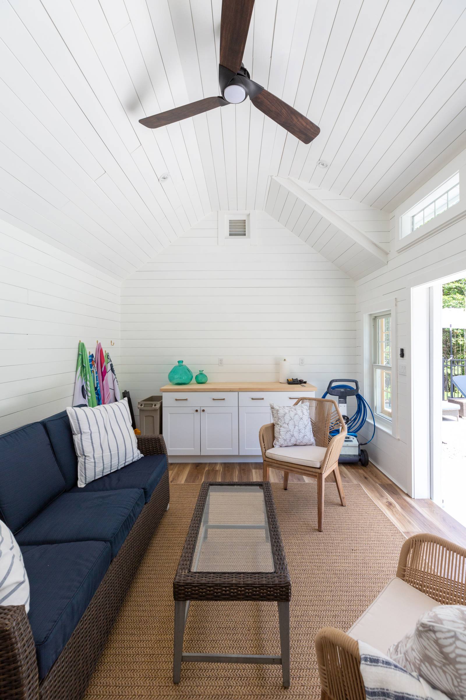 Ceiling Fan Above • Interior Finished With Shiplap by Customer