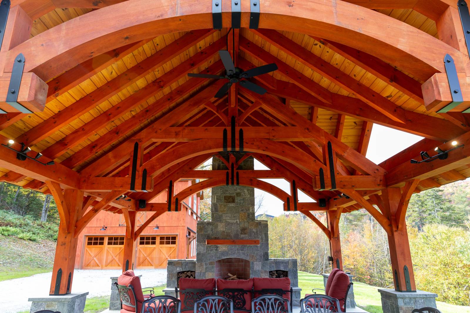 Hammer Beam Trusses • Powder Coated Steel Strapping • Timber Frame Pavilion