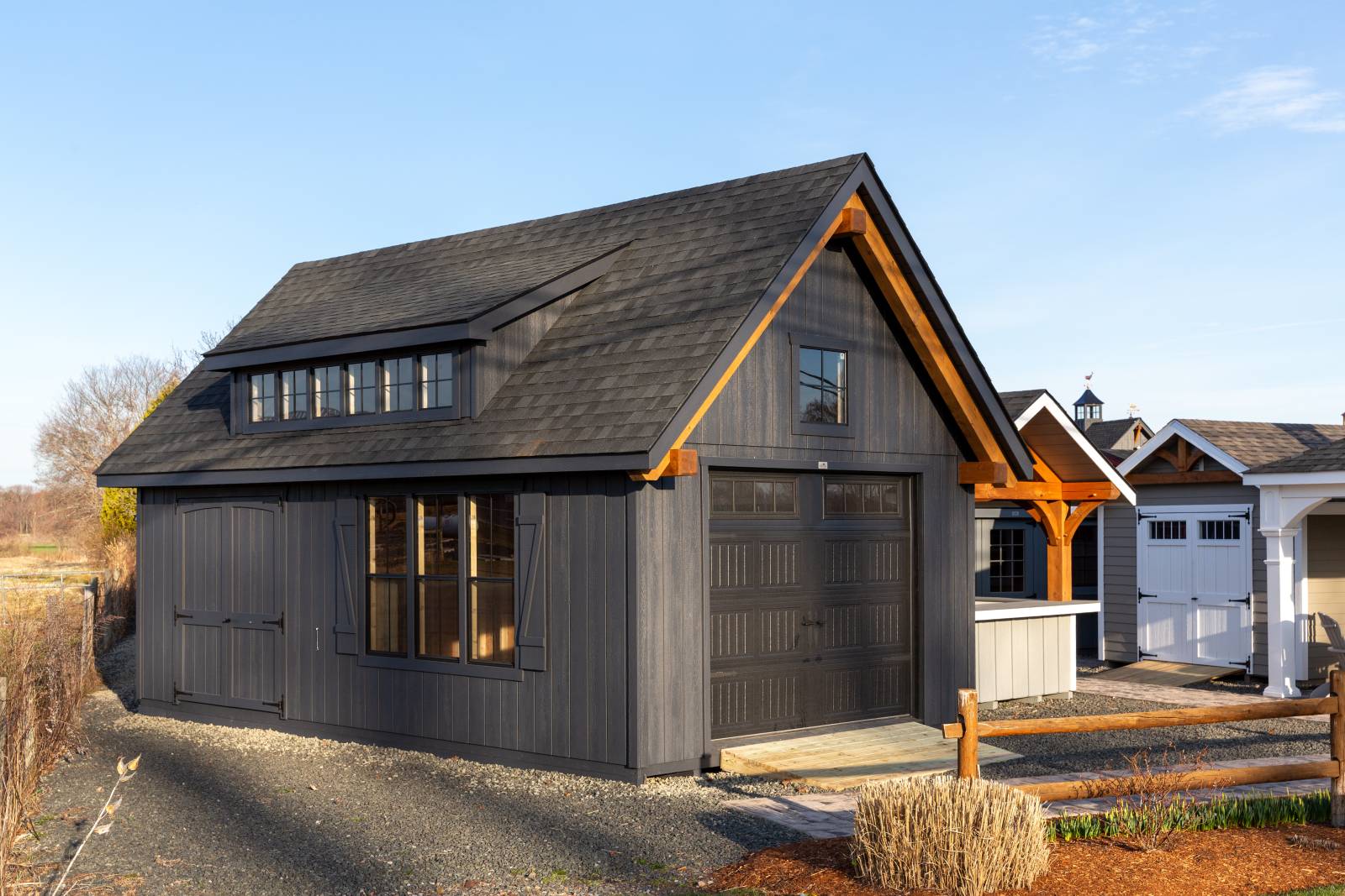 14' x 24' Grand Victorian Cape Garage with Farmhouse Dormer and Timber Frame Show Rafter