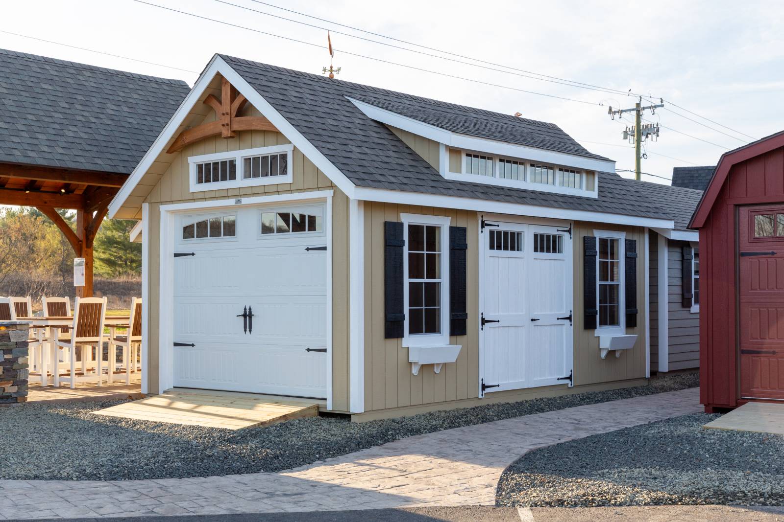 12' x 20' Victorian Carriage House Garage with Transom Dormer and Arched Timber Frame Accent Truss