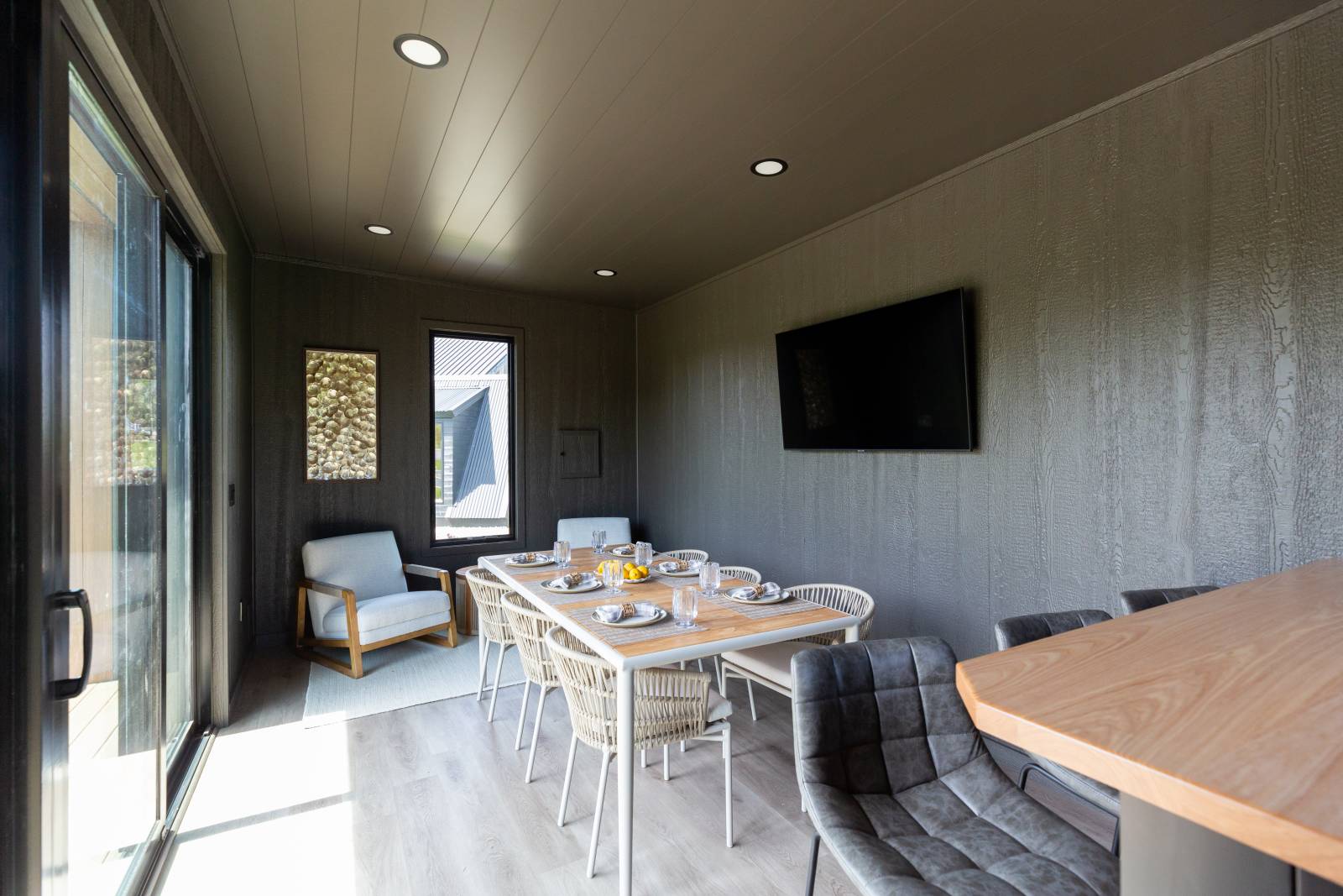 14' x 20' Modern Serenity Cove Interior with painted walls and nickel gap ceiling