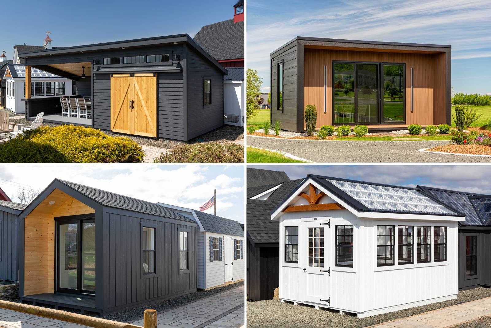 Four New Shed Models: Modern Studio Pool House, Modern Serenity Cove, Modern Nordic, New England Greenhouse