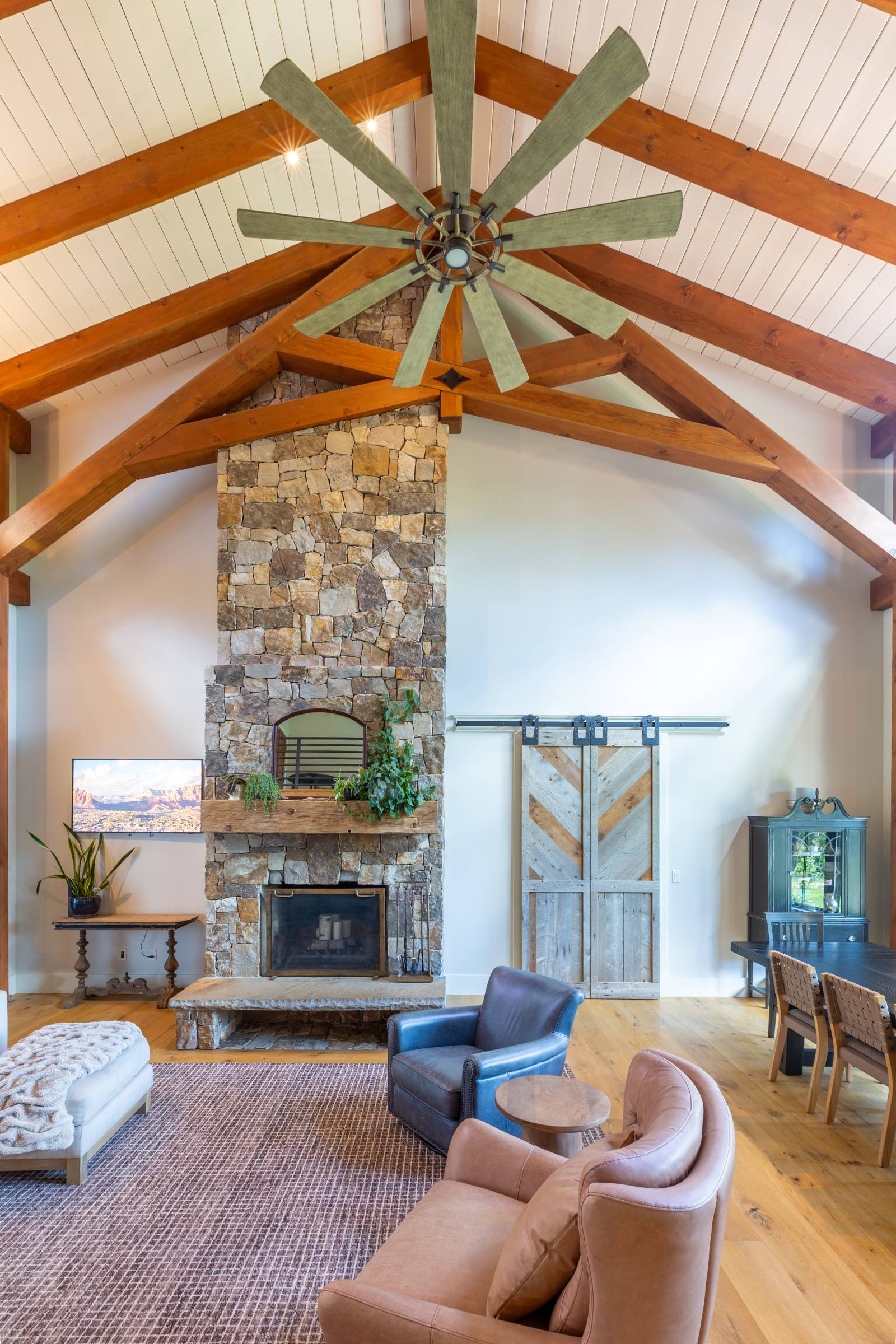 Scissor trusses & soaring timbers in the great room