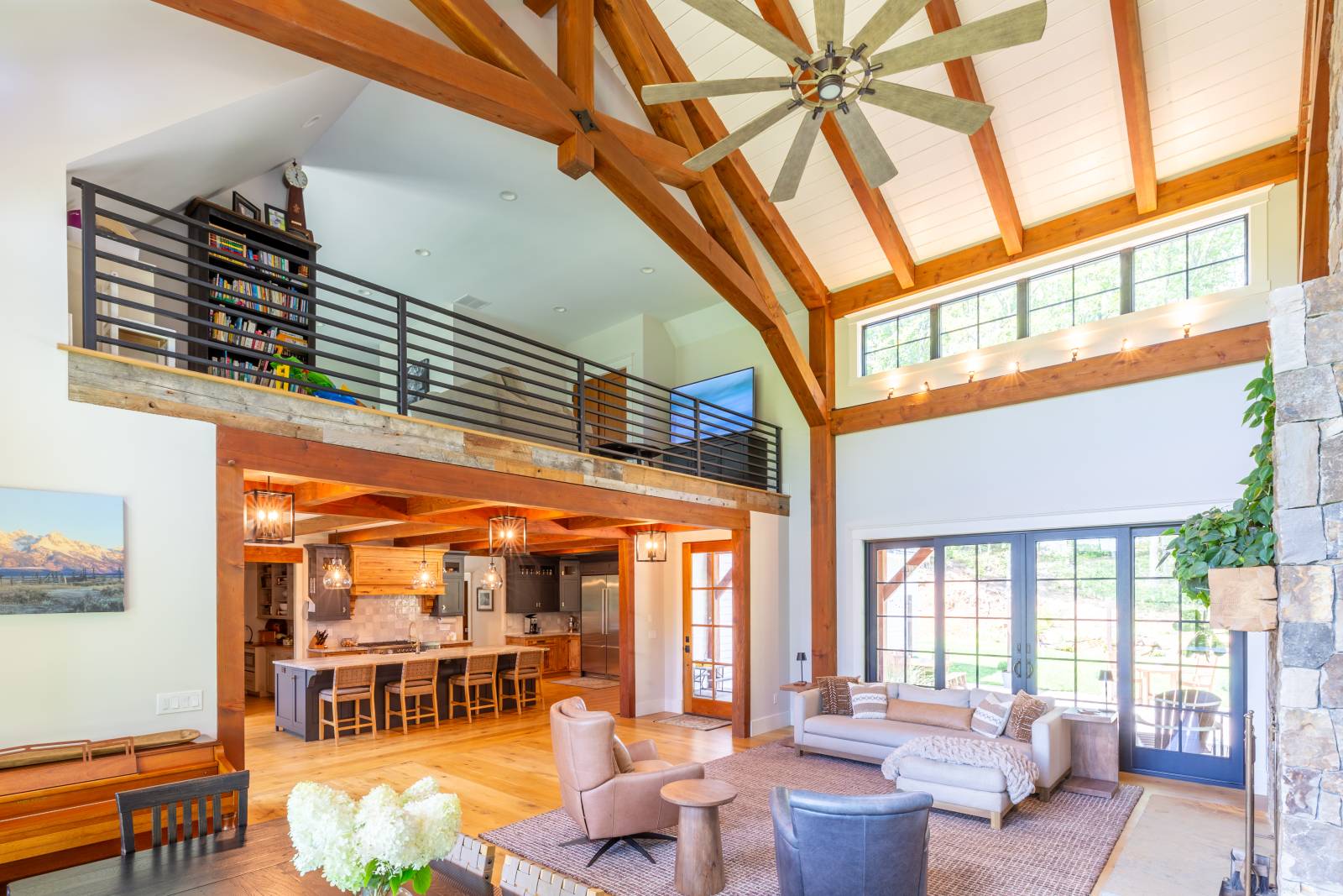 A loft overlooks the timbered great room