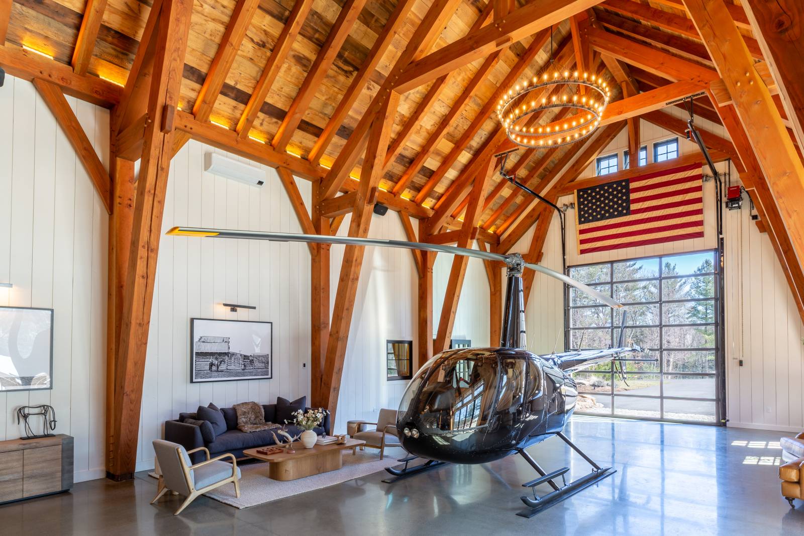 The timber frame barn is large enough to house a helicopter