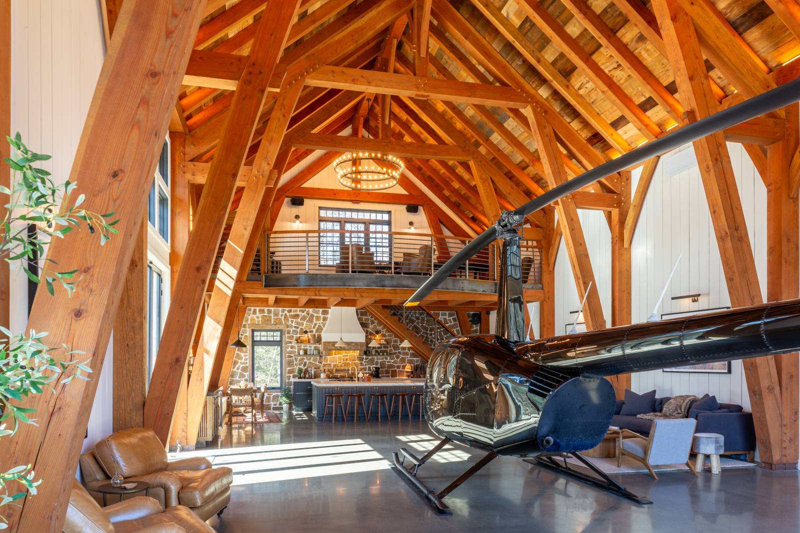 The post & beam barn is also home to a full kitchen and gallery loft