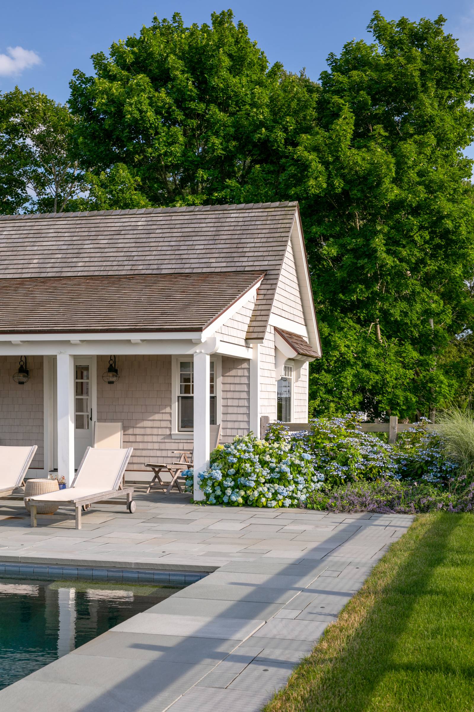 Stained White Cedar Shake Siding • Post & Beam Pool House