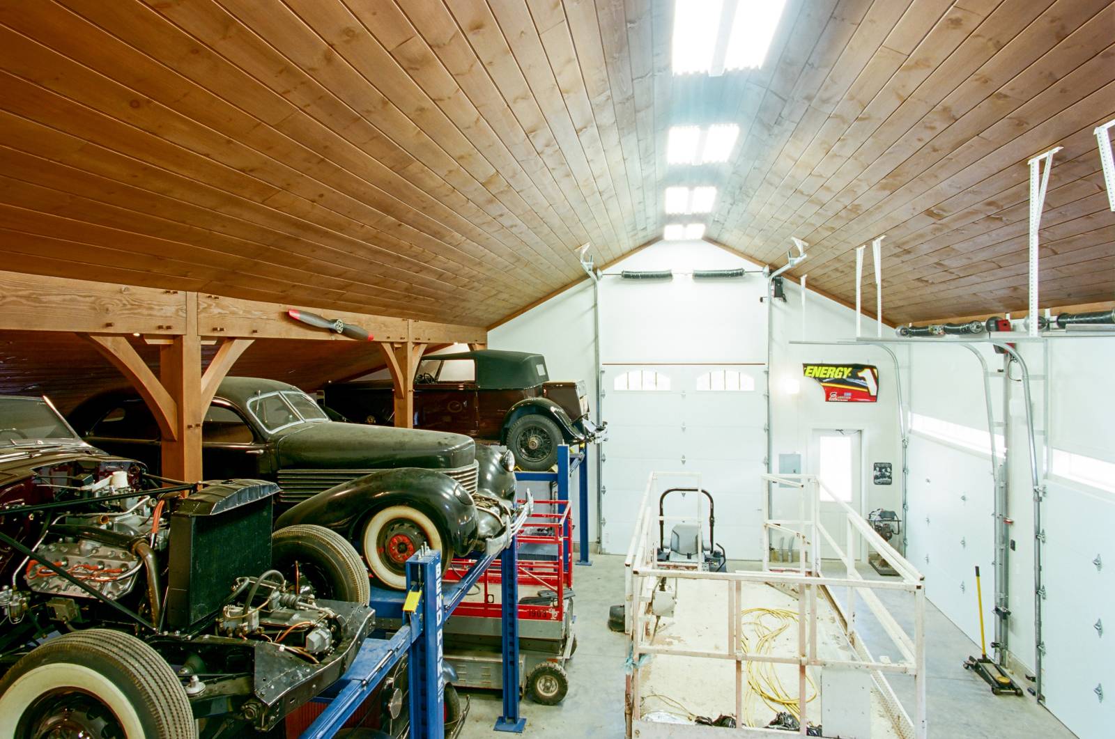 The spacious interior can hold classic cars, equipment, and more
