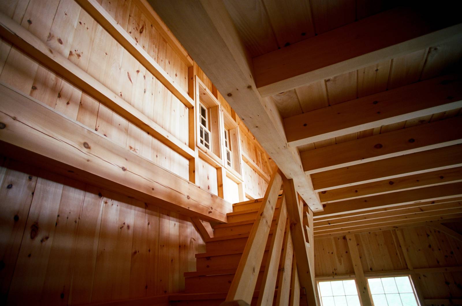 Looking up the stairs • Post & beam barn