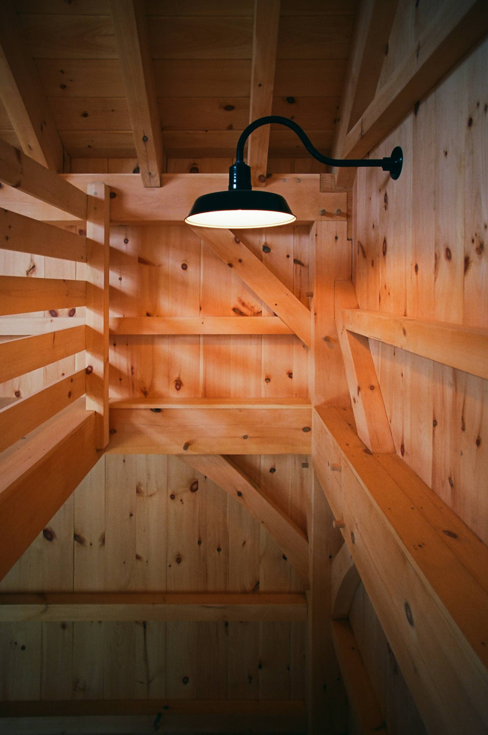 Authentic mortise & tenon joinery with hardwood oak pegs • Gooseneck barn light