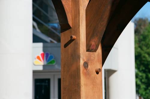 Closeup of oak pegs in kneebrace joinery