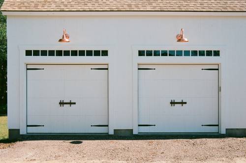 Pine Faced Overhead Doors with Transom Windows Above