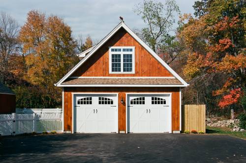 9x8 Carriage-Style Insulated Overhead Doors with Shingled Eyebrow Roof Above