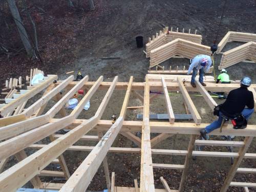 Up on top looking at roof rafters