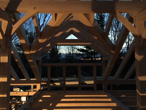 Looking at the finished gable dormer frame at sunset