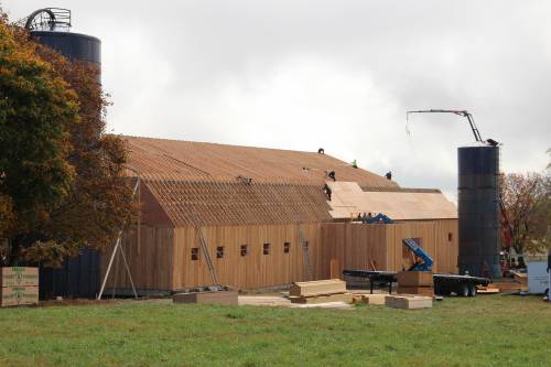 Continuing to crane the roof trusses