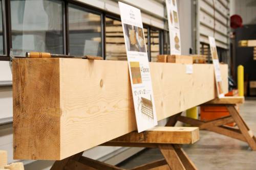 10 in x 20 in x 26' Douglas Fir hip rafter on display