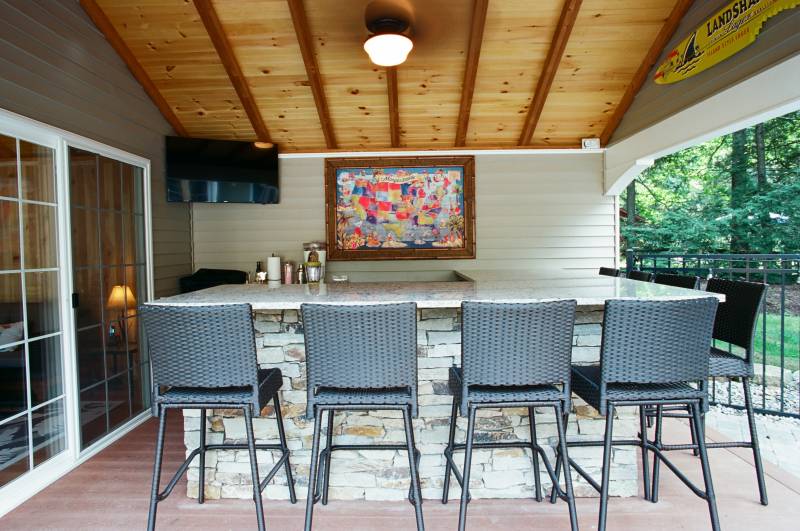 In the Pool House Bar • Exposed Rafters with Tongue & Groove Ceiling