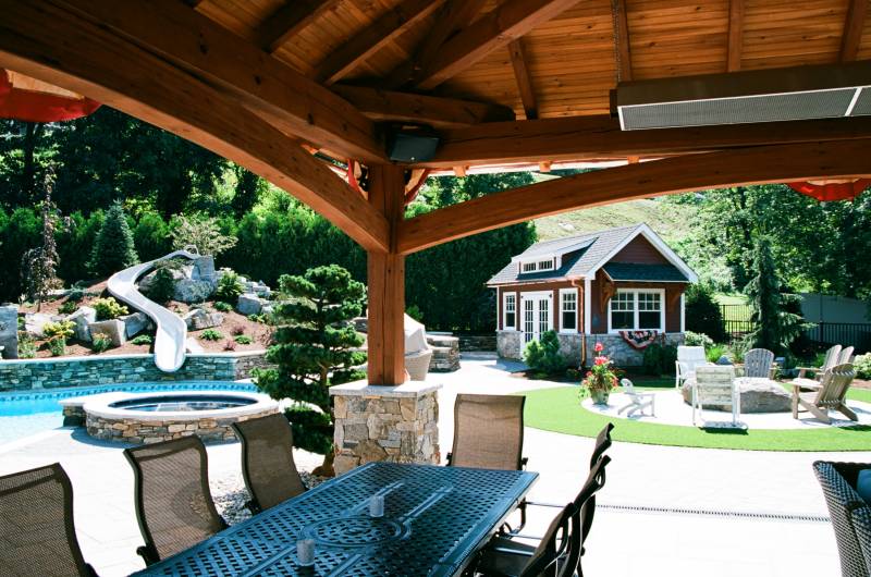 Under the pavilion looking towards the pool & shed (we built the shed too!)