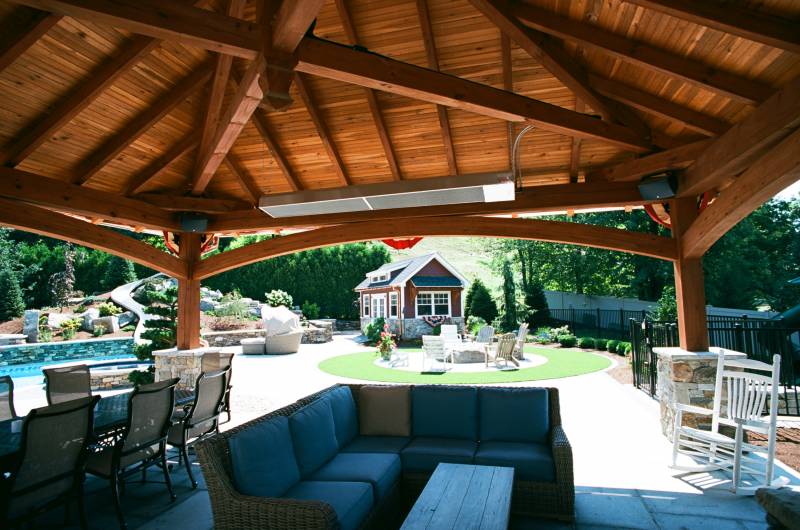 Wider view from under the timber frame pavilion