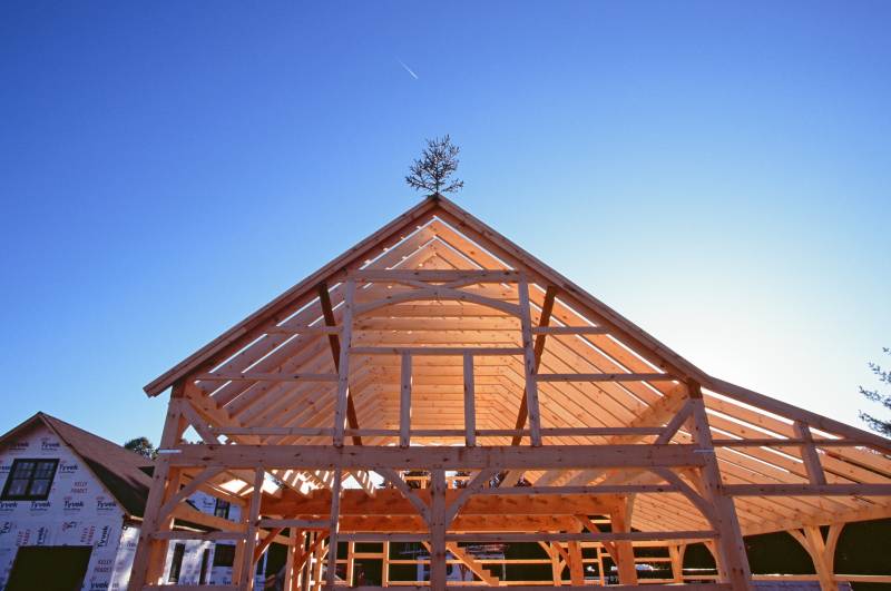 Looking up a the second floor of the timber frame kit