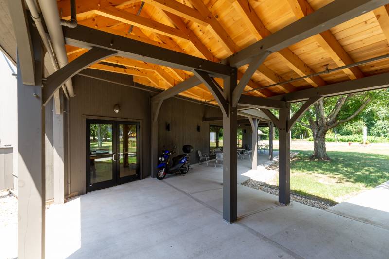 Under the Timber Frame Covered Walkway