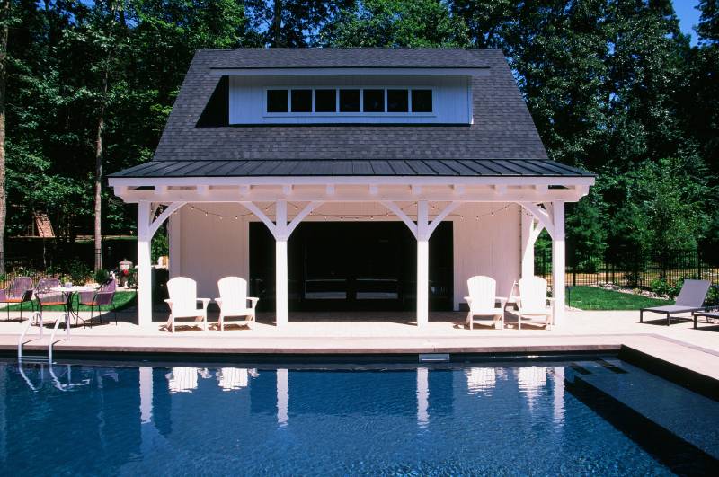 Front of the Modern Farmhouse Pool House with 16' Andersen Gliding Patio Door with Screens